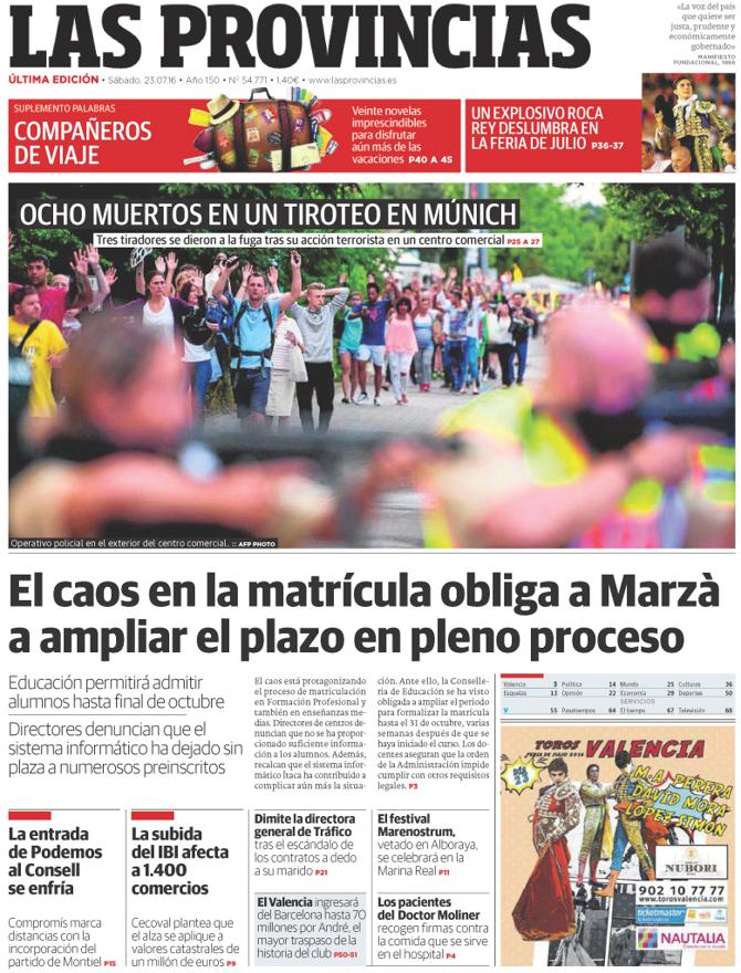 Portada de LAS PROVINCIAS del sábado 23 de julio de 2016