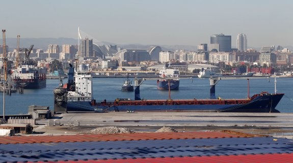 Un carguero, preparado para las labores de la estiba en el muelle del Este del Puerto de Valencia. :: jesús signes