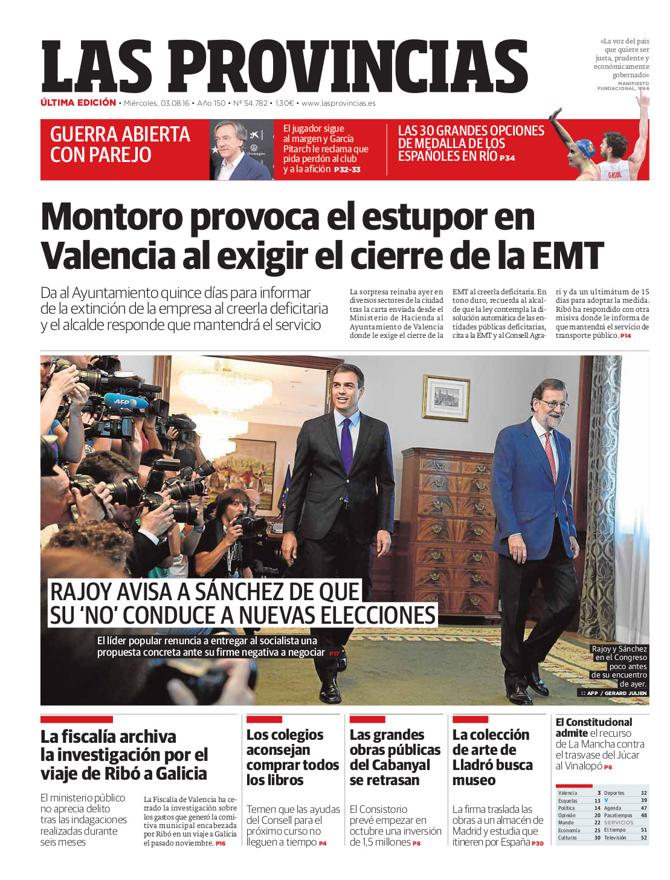 Portada de LAS PROVINCIAS del miércoles 3 de agosto de 2016
