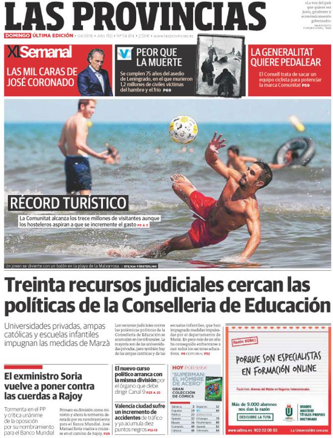 Portada de LAS PROVINCIAS del domingo 4 de septiembre de 2016