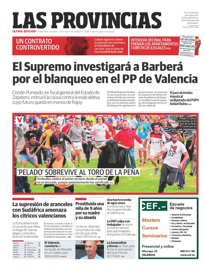 Portada de LAS PROVINCIAS del miércoles 14 de septiembre de 2016