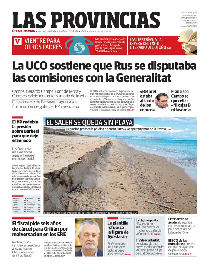 Portada de LAS PROVINCIAS del viernes 16 de septiembre de 2016