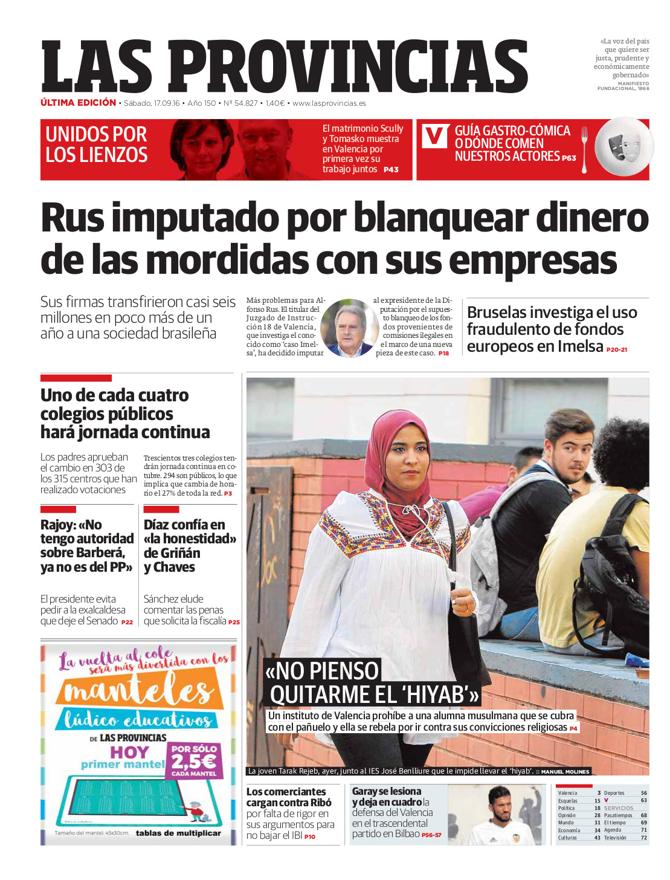 Portada de LAS PROVINCIAS del sábado 17 de septiembre de 2016