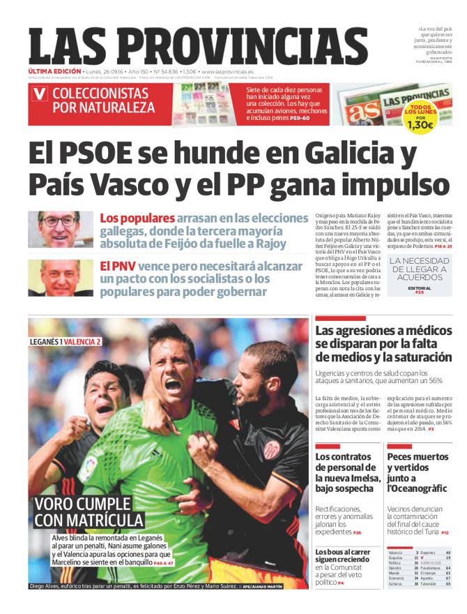 Portada de LAS PROVINCIAS del lunes 26 de septiembre de 2016