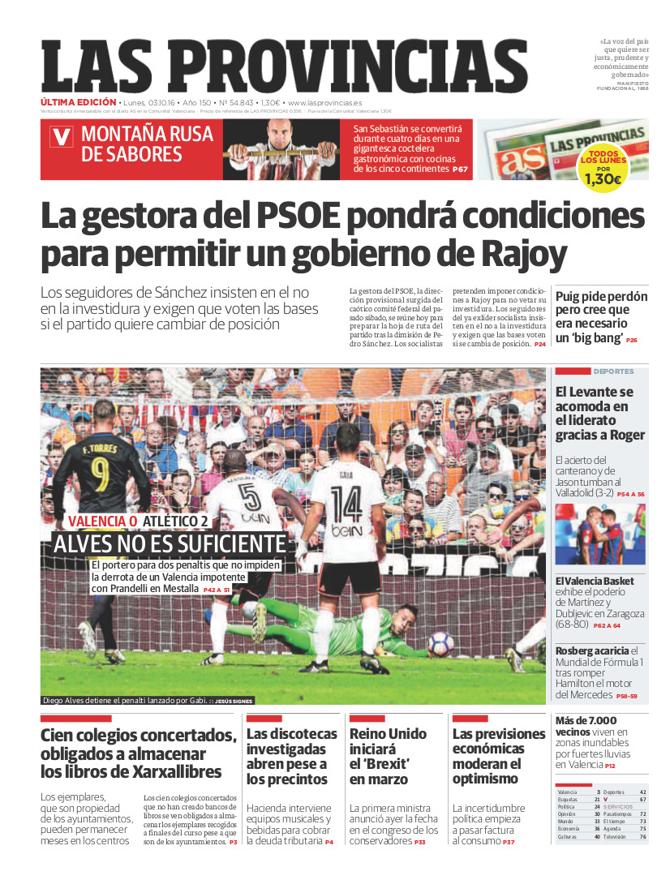 Portada de LAS PROVINCIAS del lunes 3 de octubre de 2016