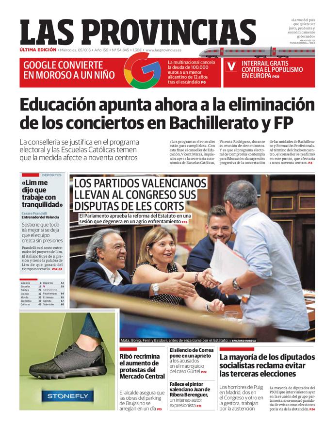 Portada de LAS PROVINCIAS del miércoles 5 de octubre de 2016