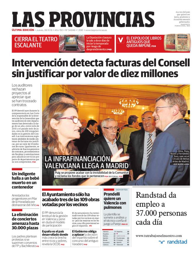 Portada de LAS PROVINCIAS del jueves 6 de octubre de 2016