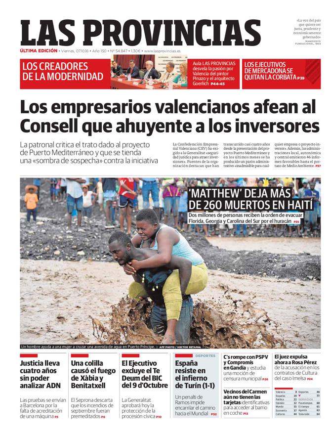 Portada de LAS PROVINCIAS del viernes 7 de octubre de 2016