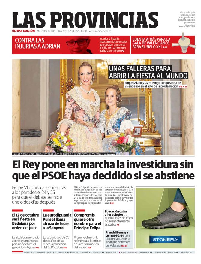 Portada de LAS PROVINCIAS del miércoles 12 de octubre de 2016
