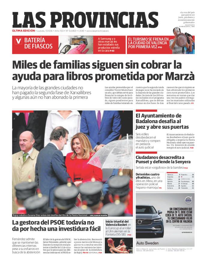 Portada de LAS PROVINCIAS del jueves 13 de octubre de 2016