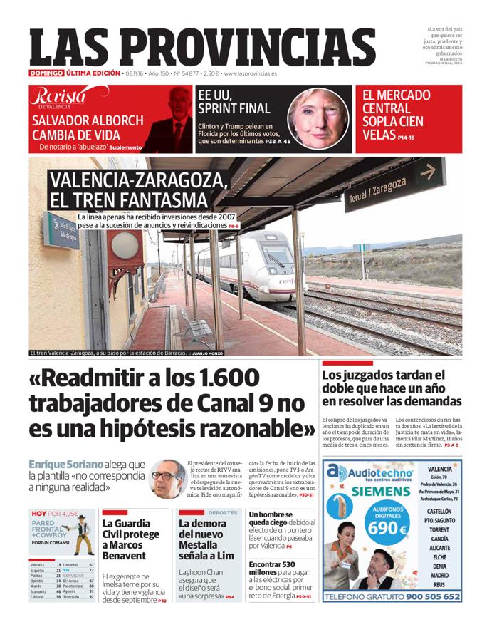 Portada de LAS PROVINCIAS del domingo 6 de noviembre de 2016