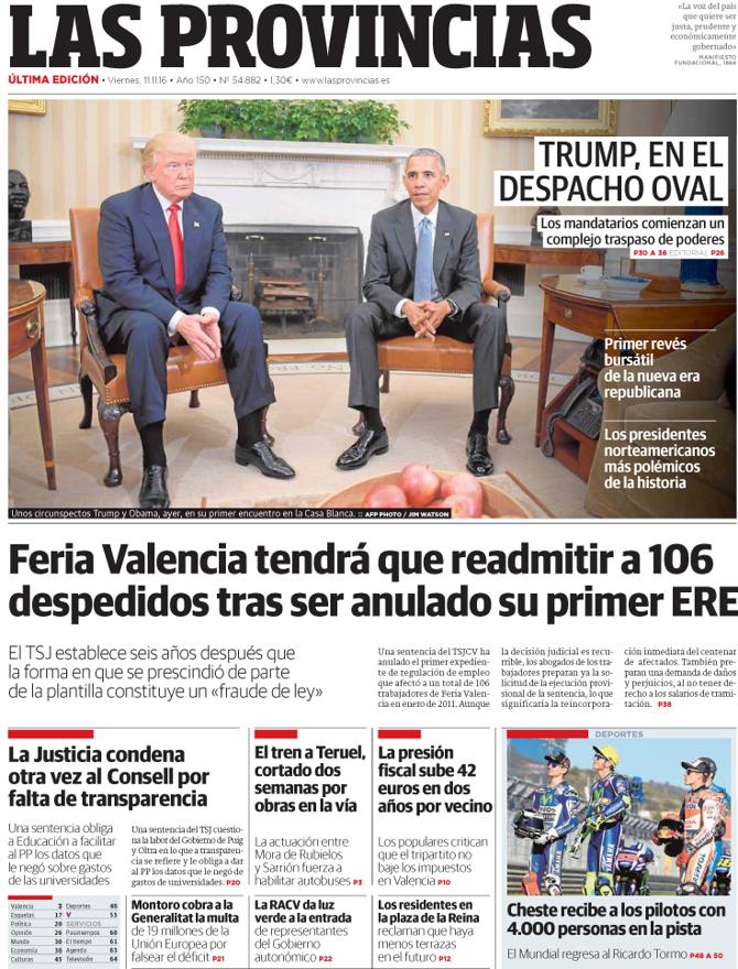 Portada de LAS PROVINCIAS del viernes 11 de noviembre de 2016
