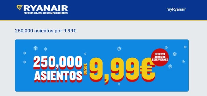 250.000 asientos por menos de 10 euros con Ryanair