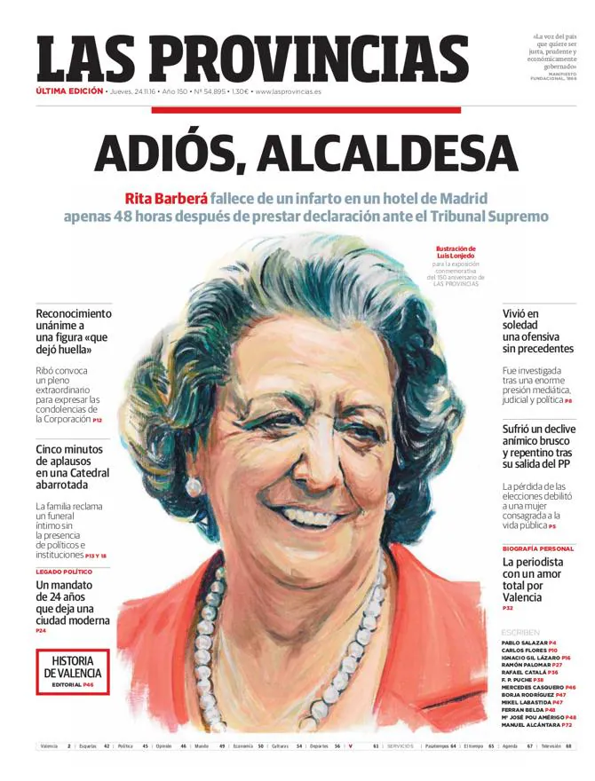 Portada histórica | La muerte de Rita Barberá en LAS PROVINCIAS. Jueves 24 de noviembre de 2016