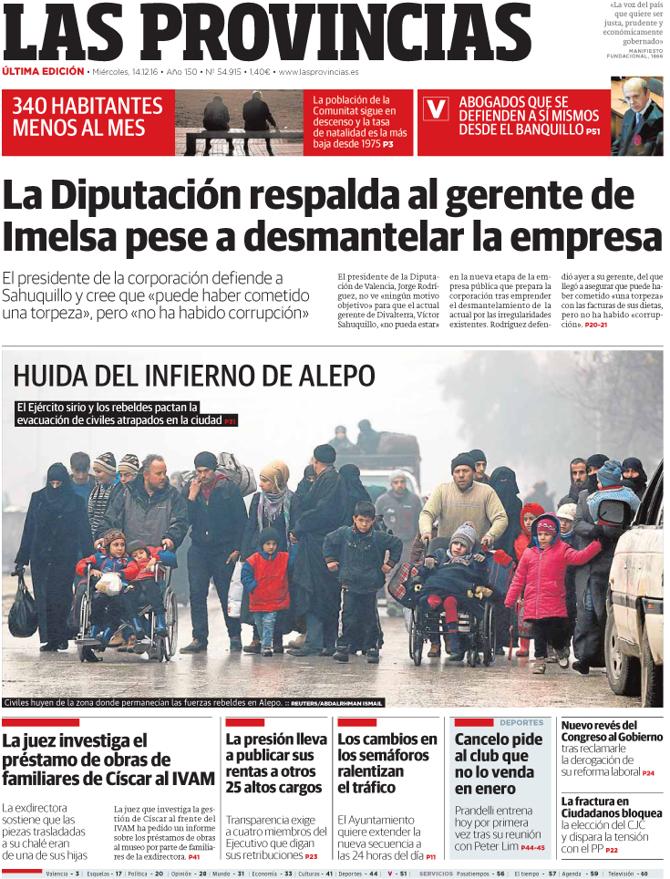 Portada de LAS PROVINCIAS del miércoles 14 de diciembre de 2016