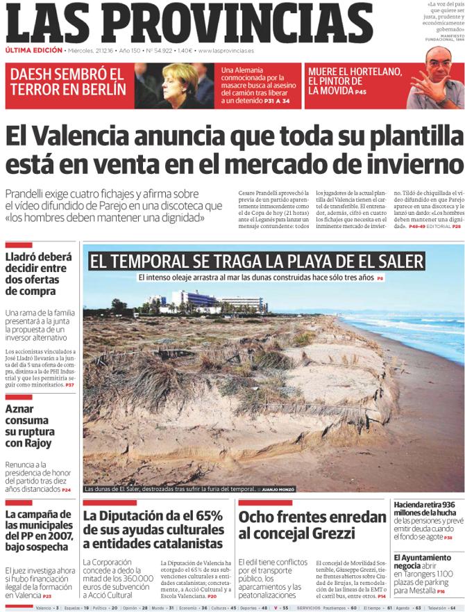 Portada de LAS PROVINCIAS del miércoles 21 de diciembre de 2016