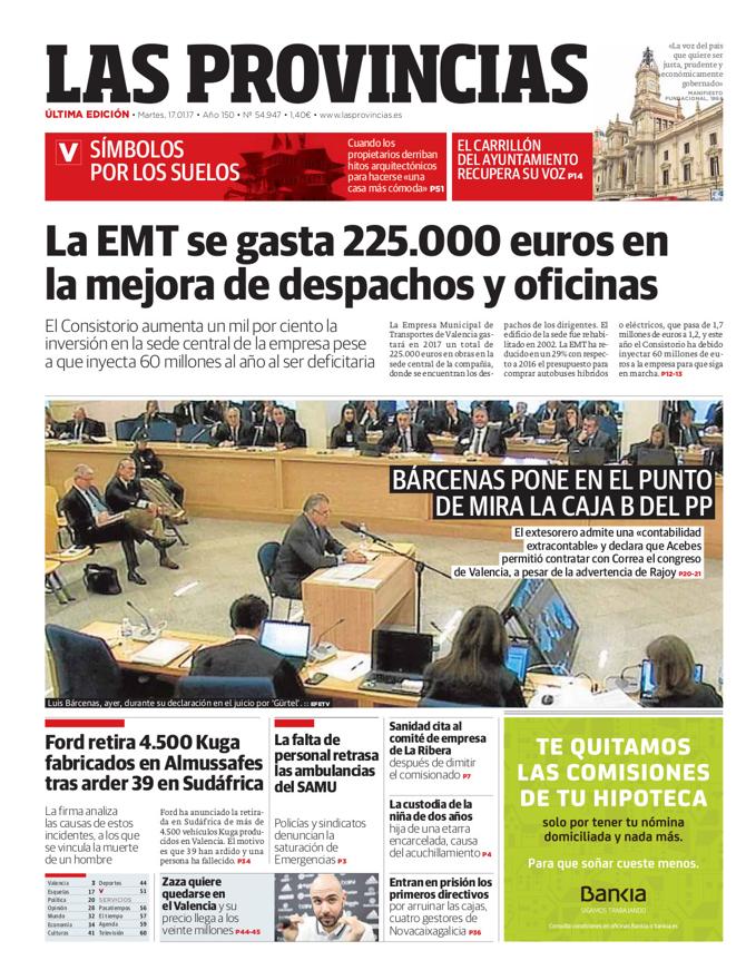Portada de LAS PROVINCIAS del martes 17 de enero de 2017