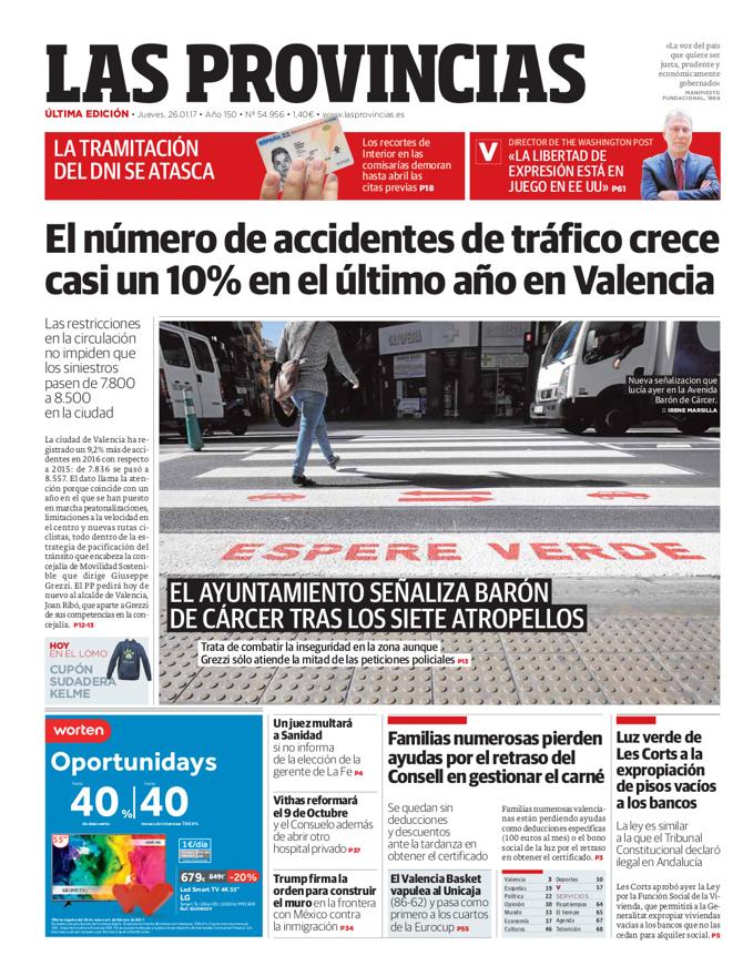 Portada de LAS PROVINCIAS del jueves 26 de enero de 2017