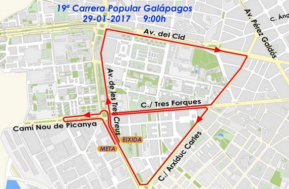 Calles cortadas en Valencia y recorrido de la Carrera Popular Galápagos 2017