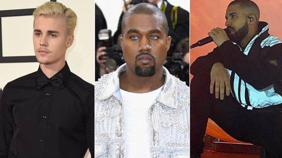 Los cantantes Justin Bieber, Kanye West y Drake.