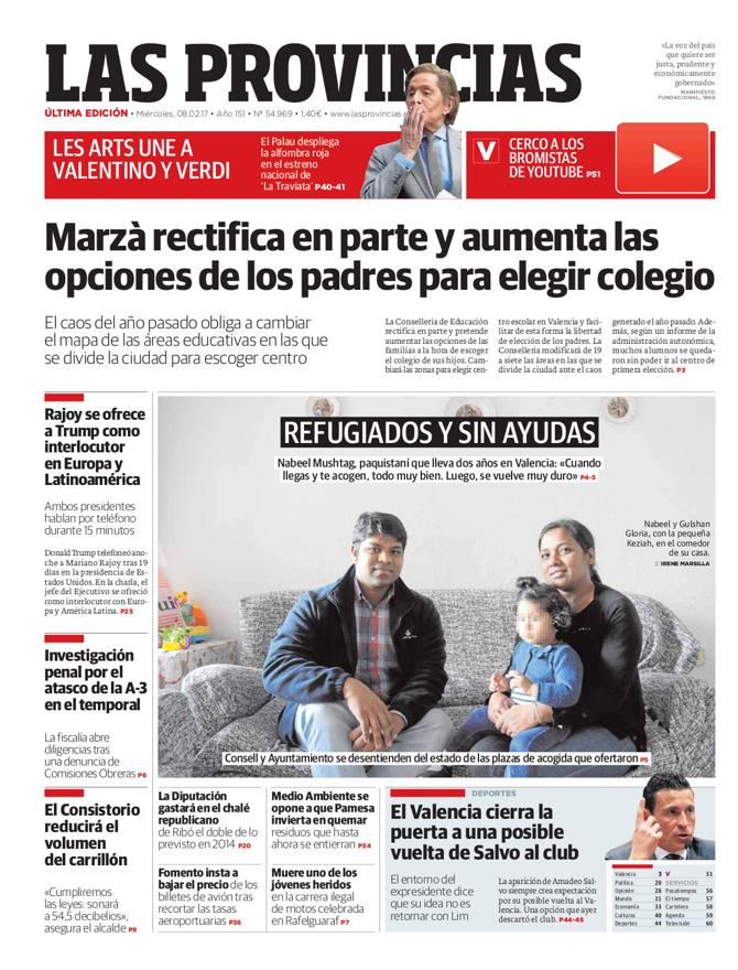 Portada de LAS PROVINCIAS del miércoles 8 de febrero de 2017