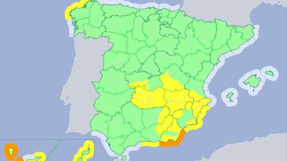 Mapa de alertas por fenómenos meteorológicos en España.