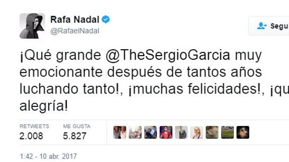 Rafa Nadal, Pau Gasol, Iker Casillas y Mariano Rajoy se rinden ante Sergio García por su victoria en el Master de Augusta