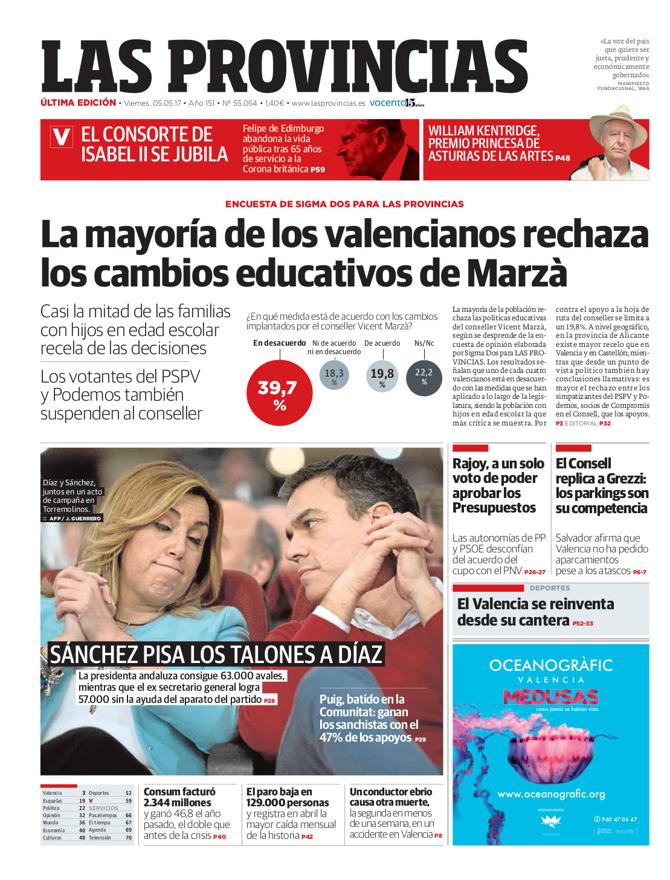 Portada de LAS PROVINCIAS del viernes 5 de mayo de 2017