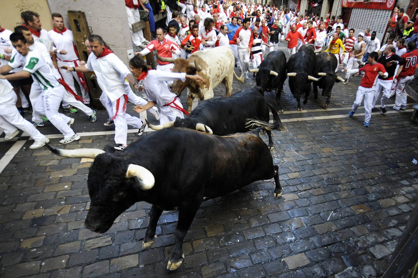 Segundo encierro con los toros de Dolores Aguirre. Los toros sevillanos de la ganadera vasca han realizado una carrera muy limpia y noble.