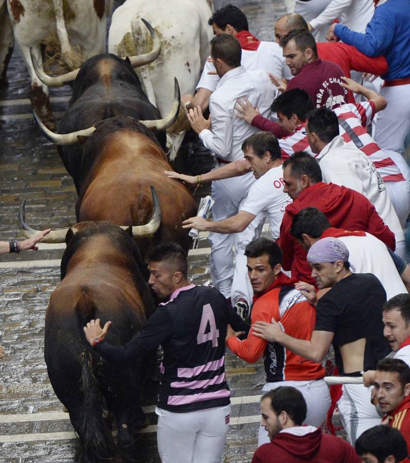 Los Fuente Ymbro, nobles y rápidos. El encierro, a pesar de la lluvia y de la multitud de mozos, ha dejado bonitas carreras.