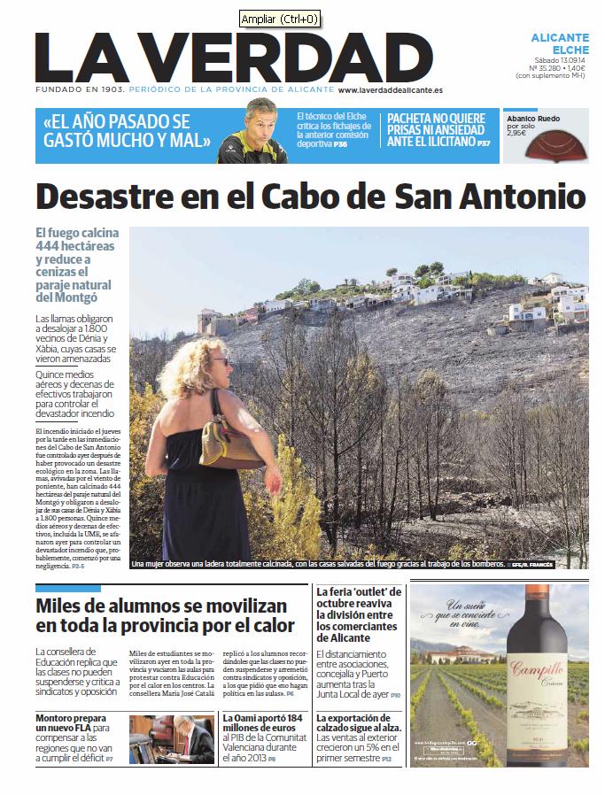 SEPTIEMBRE. Portada de 'La Verdad' sábado 13 de septiembre de 2014