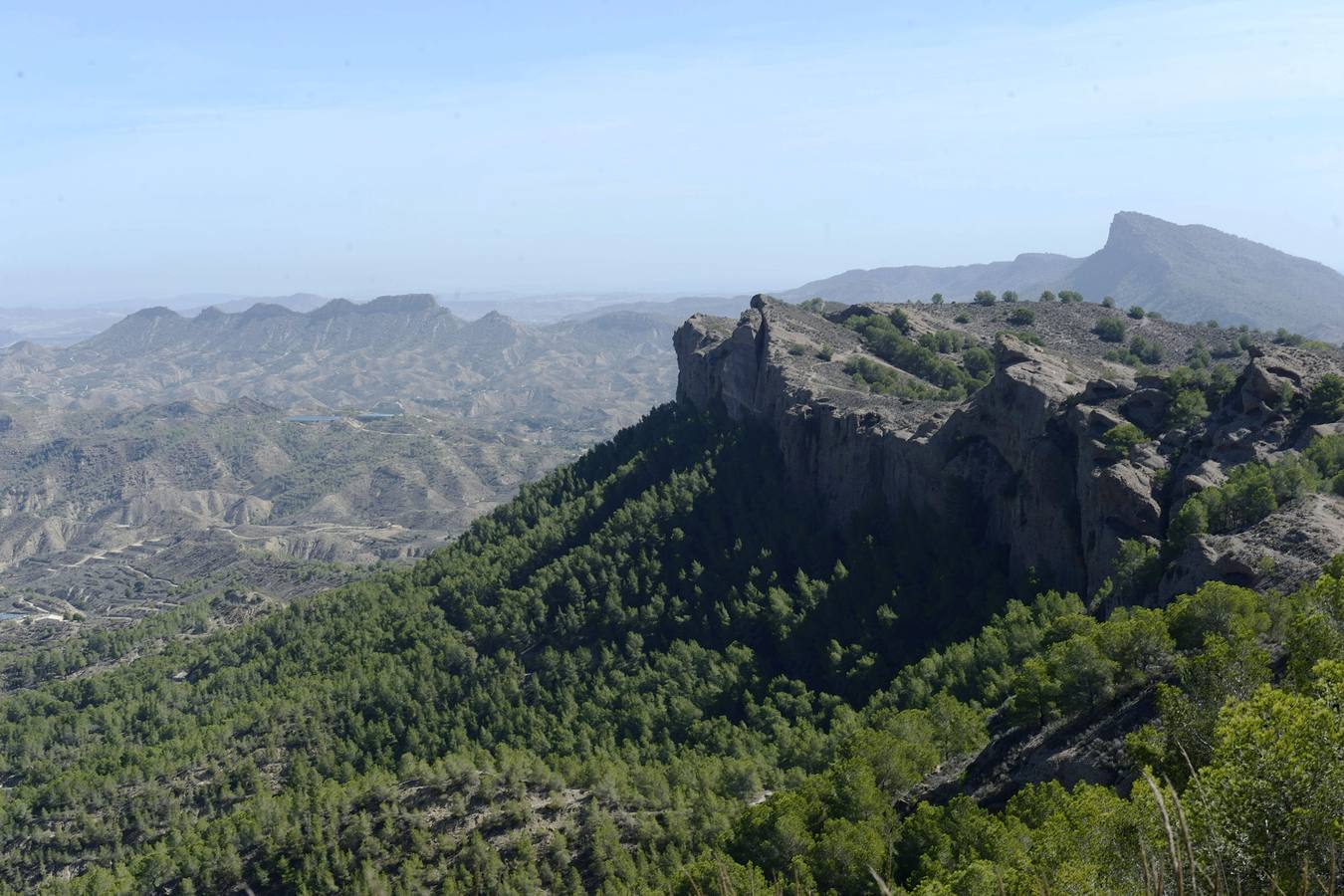 El desafío de las murallas de King Kong. La muralla de King Kong, en primer plano, con la densa pinada de la umbría de los Sánchez a sus pies, y Columbares y Los Mamellones, al fondo.