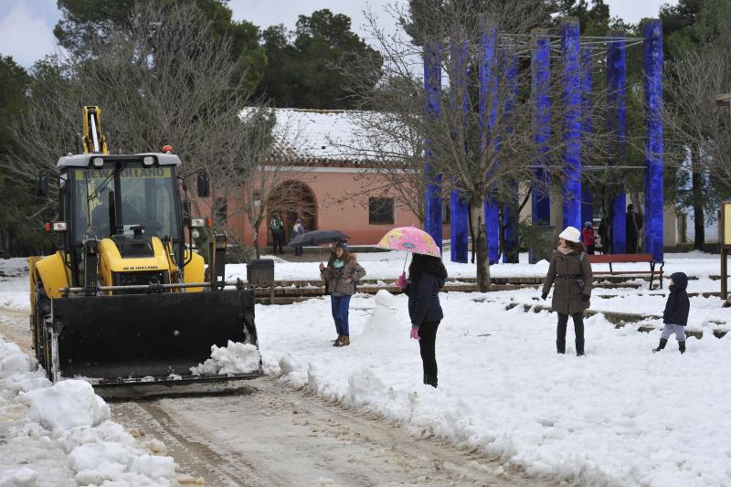 Tres mujeres ven como un tractor quita la nieve en Bullas.