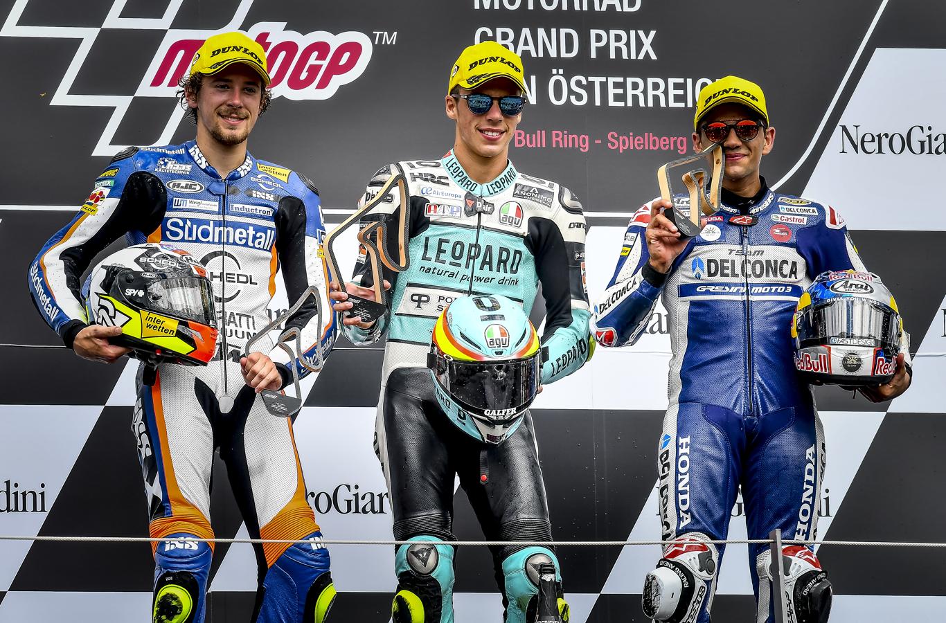 El podio de Moto3, con Mir en lo más alto