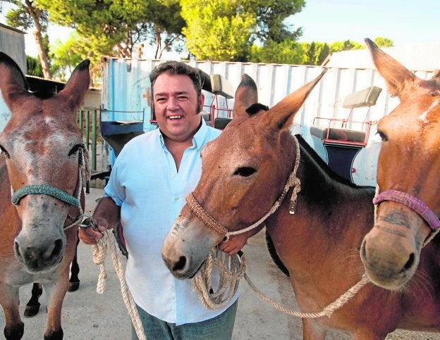 Ricardo Hernández posa con sus mulas en Torre Pacheco. 