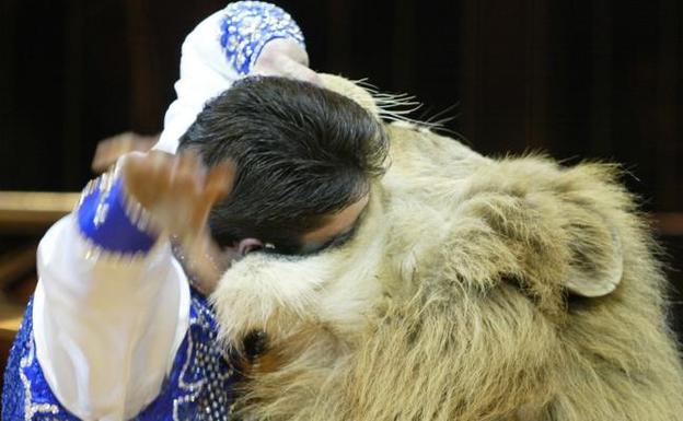 Un domador mete la cabeza entre las fauces de un león en una imagen de archivo. 
