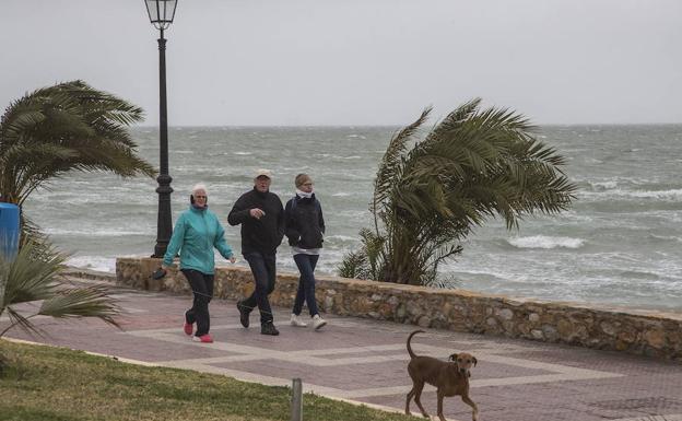 Tres personas paseando junto al mar con fuerte viento.