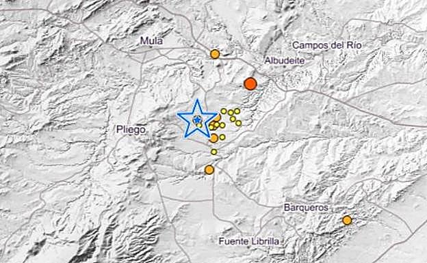 Mapa de visualización de los terremotos de mayor magnitud (punto más grandes) y el más reciente (estrella) del Instituto Geográfico Nacional.