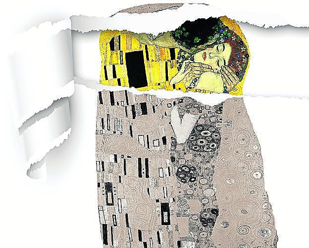 El beso. Obra de Klimt de 1908, tratada para convertir las láminas de oro en tonos grises.