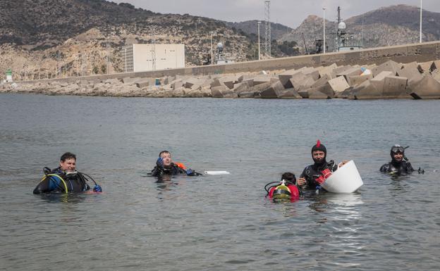 Un grupo de buzos, durante una inmersión realizada en 2017 en el muelle de la Curra, en Cartagena. 