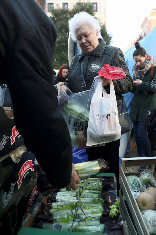 Los asistentes repartieron fruta y verduras en la plaza de Callao, Cascorro y Lavapiés, para pedir solidaridad ante el déficit hídrico del Levante.