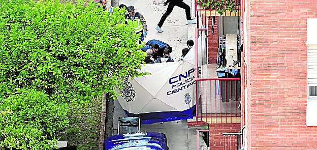 Investigadores de la Policía Nacional realizan pesquisas junto al cadáver de la mujer, ayer, en el jardín comunitario del inmueble.