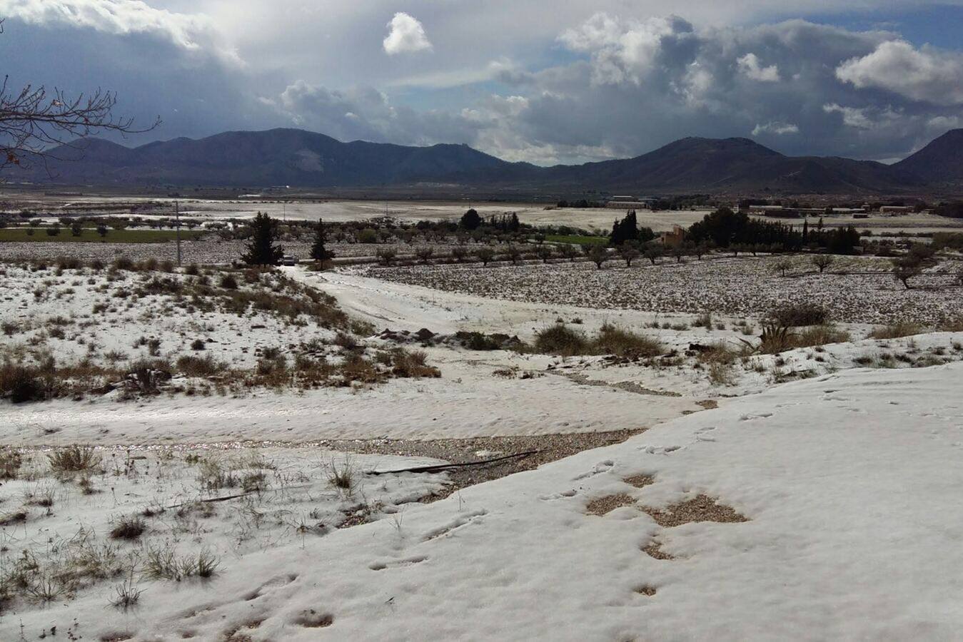 Una nevada sorprendió este martes las tierras interiores de Lorca. La Casa de Los Villares, en Zarcilla de Ramos, quedó cubierta de nieve. El granizo también hizo aparición.