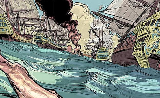 Detalle de una batalla naval dibujada por Guillermo Morrón.