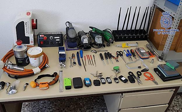 Inhibidores y centralitas informáticas empleadas para el vehículo de robos de alta gama.