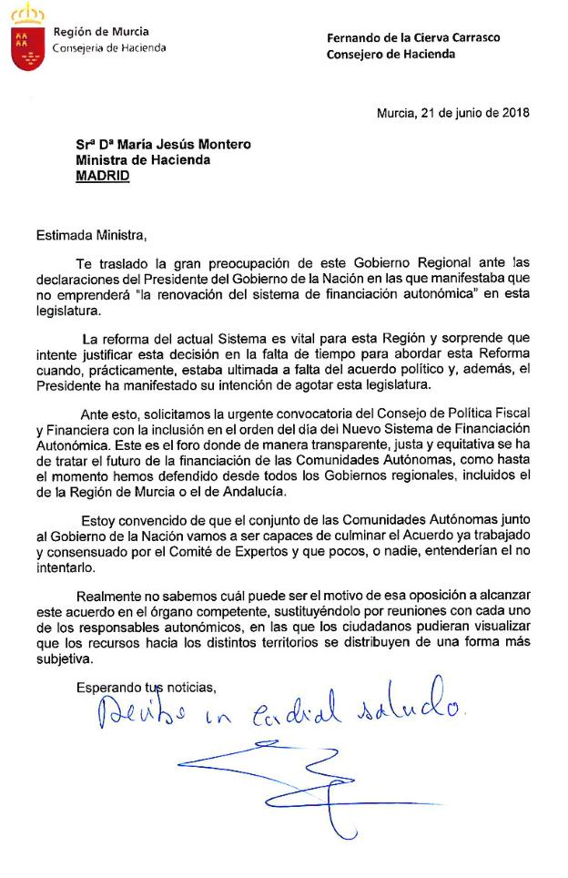 La carta que envió Fernando de la Cierva a la ministra Montero. 