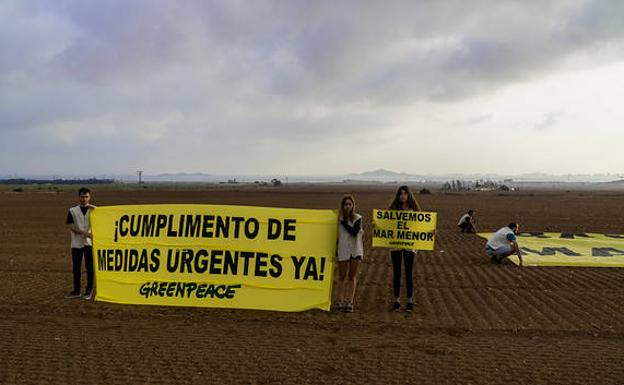 Activistas con pancartas pidiendo la protección del Mar Menor.