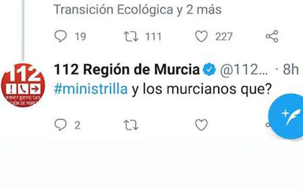 La cuenta oficial del 112 en Twitter llama 'ministrilla' a Teresa Ribera