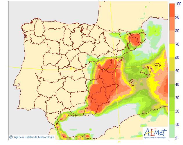 Probabilidad, en tanto por ciento, de que la precipitación total entre las 00 y 24 horas UTC sea superior o igual a 0,5 mm.