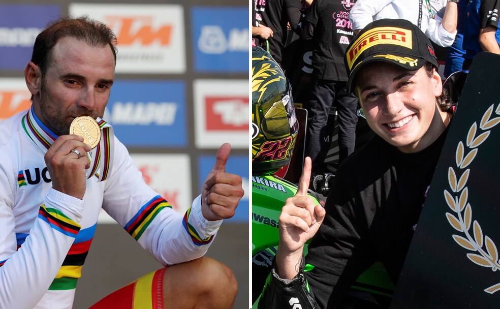Alejandro Valverde Y Ana Carrasco, tras sus respectivas victorias en los mundiales de ciclismo en ruta y Supersport 300. 